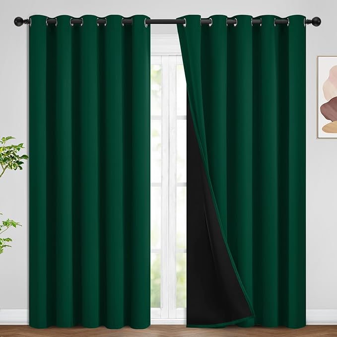 SimpleHome 100% Blackout Curtains for Bedroom,Thermal Insulated Dark Green Grommet Window Drapes Room Darkening Curtains for Living Room with Black Back,62 x 84 Inch,2 Panels