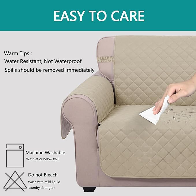 U-NICE HOME Loveseat Sofa Cover Reversible Couch Covers for 2 Cushion Couch for Dogs Furniture Protector Cover with Elastic Straps Water Resistant(Loveseat Small, Sand/Beige)