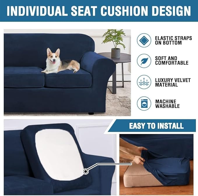 H.VERSAILTEX High Stretch Sofa Slipcover 4 Piece Cover Velvet Furniture Protector Form Fit Thick Velvet Extra Large Sofa Cover for 3 Cushion Couch Width Up to 97 Inch (Large Sofa, Navy)