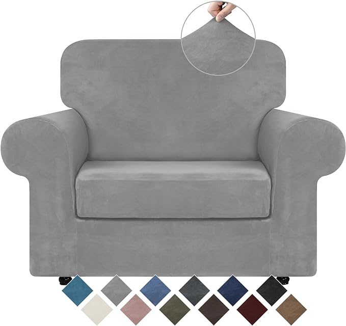 WEERRW Velvet Stretch Chair Sofa Slipcover - 2 Pieces Luxury Soft Velvet Plush Couch Cover Furniture Protector with Elastic Bottom for Pets, Machine Washable, Silver, Small