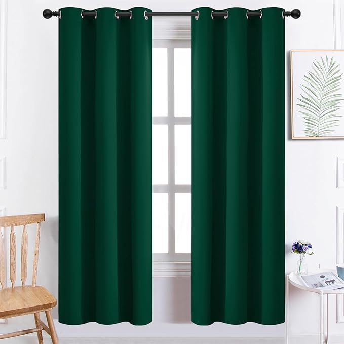 Yakamok Dark Green Blackout Curtains for Bedroom, Room Darkening Thermal Insulated Grommet Window Curtains, Light Blocking Blackout Drapes for Living Room, 38Wx72L inch,2 Panels