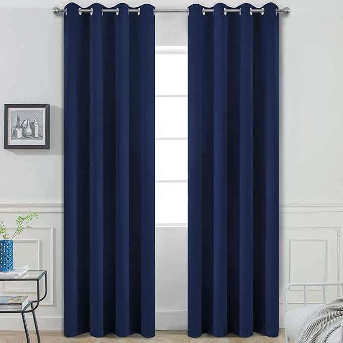Yakamok Blackout Curtains Room Darkening Thermal Insulated Window Panels,Solid Grommet Top Drapes for Bedroom/Living Room(52Wx90L, Navy Blue, 2 Panels)