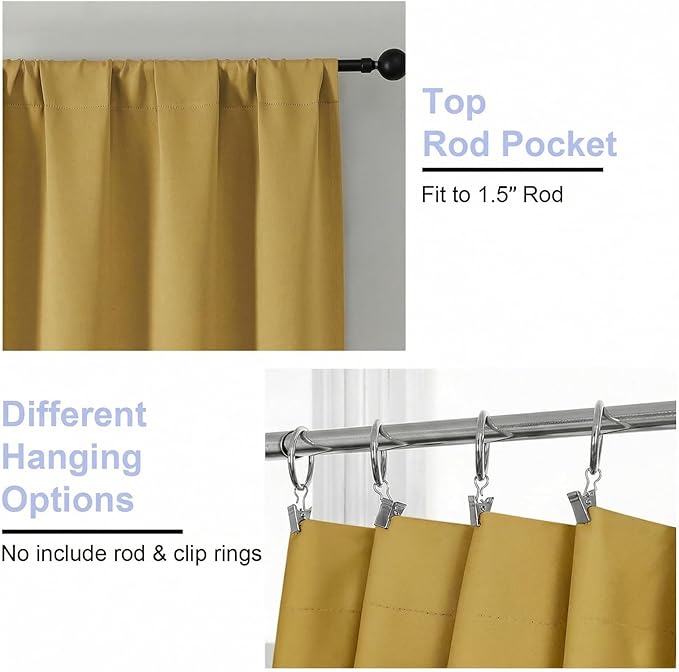 Simplebrand Ava Bright Gold Short Blackout Curtains for Bedroom 45 Inches Long 2 Panels Set, Solid Thermal Insulated, Energy Saving Window Treatment Curtains Blackout Drapes, W40 x L45 Inch