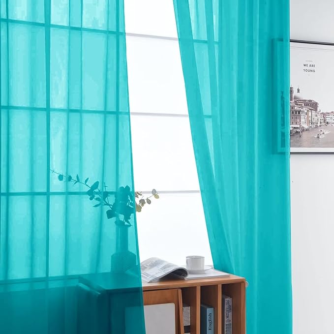 SpaceDresser Sheer Voile Window Treatment Rod Pocket Curtain Panels for Kitchen Bedroom Living Room Drapes Sunlight Filtering Privacy Semi Home Decor Assorted (Peacock Blue, 52 W x 63 L)