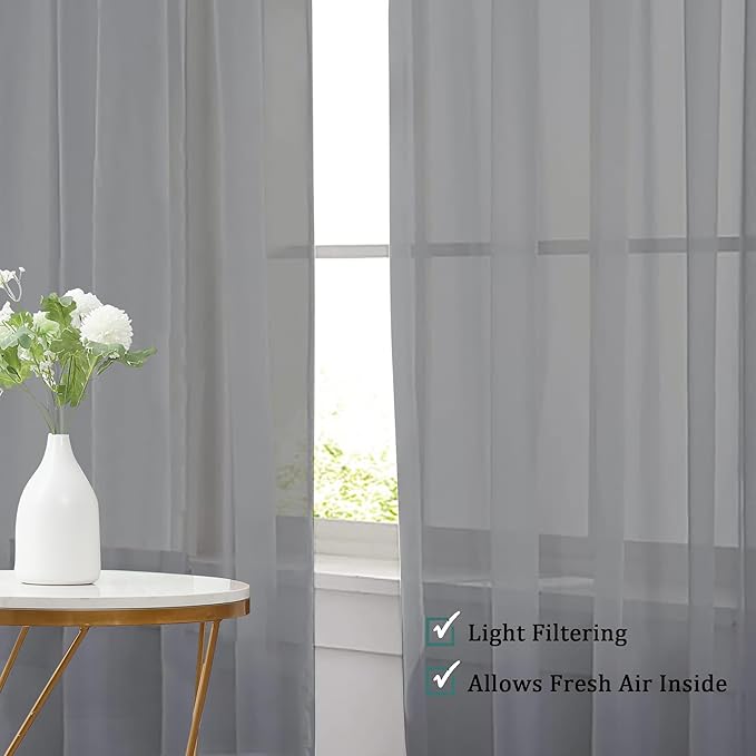Chyhomenyc Charcoal Grey Sheer Valances for Windows - Light Filtering Small Kitchen Curtains, Rod Pocket Short Top Window Treatment Decor for Living Room Bathroom Basement, 42Wx16L inches, 2 Panels