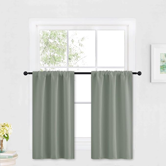 RYB HOME Blackout Cafe Curtains 30 inch Length, Short Light UV Heat Blocking Energy Saving Privacy Curtain Tiers for Basement Bathroom Kitchen Window, Width 29 by Length 30, Greyish Green, 2 Panels