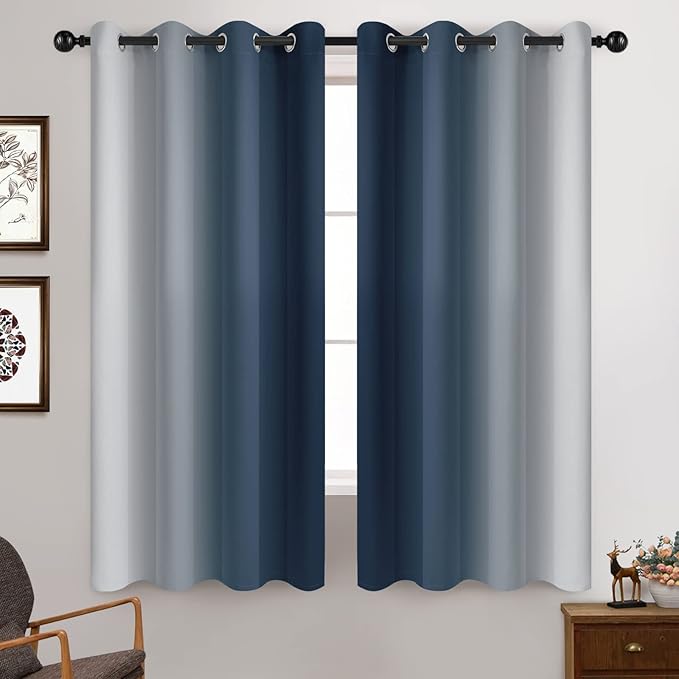 Yakamok Room Darkening Ombre Curtains 63 Inch Length, Navy Blue and Greyish White Thermal Insulated Gradient Color Curtains,Light Blocking Grommet Window Drapes for Bedroom,52 Inch Width,2 Panels