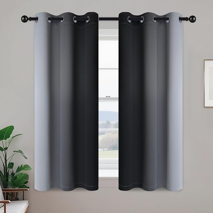 Yakamok Room Darkening Ombre Curtains 54 Inch Length, Black and Greyish White Thermal Insulated Gradient Color Curtains,Light Blocking Grommet Window Drapes for Bedroom,42 Inch Width,2 Panels