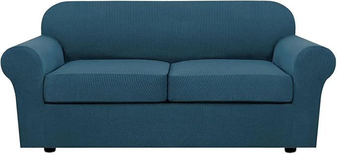 H.VERSAILTEX 3 Piece Stretch Sofa Covers for 2 Cushion Sofa Couch Covers for Living Room Sofa Slipcovers (Base Cover Plus 2 Seat Cushion Covers) Thicker Jacquard Fabric(Large Sofa, Deep Teal)