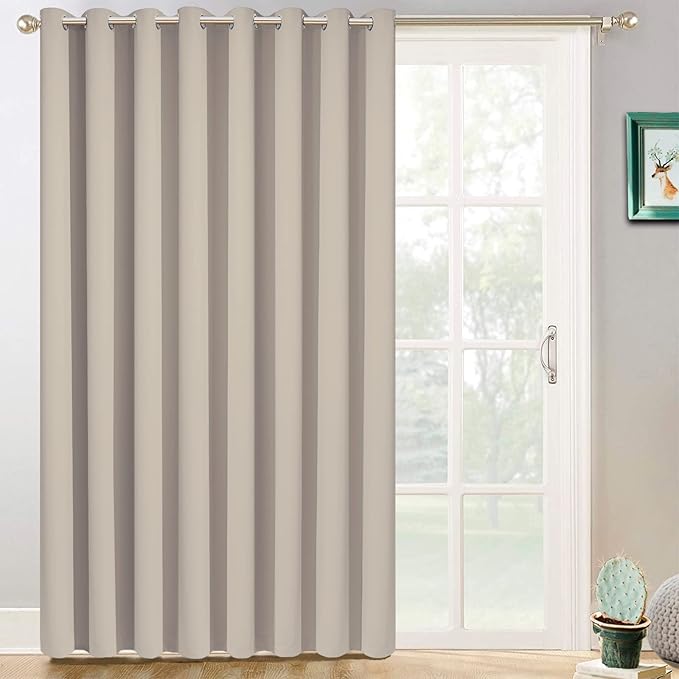 Yakamok Tatal Blackout Thermal Insulated Curtains, Noise Reducing Barrier Panel for Sliding Glass Door, Full Light Blocking Patio Door Extra Wide Curtains, Natural, W100 x L96, 1 Panel