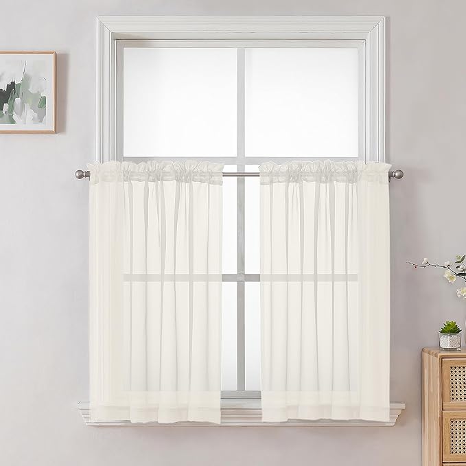 OVZME Cream Sheer Curtains 36 inch Length 2 Panels Set, Light Filtering Voile Rod Pocket Short Window Curtians for Bathroom Living Room Farmhouse Small Windows, Each 42Wx36L Inches