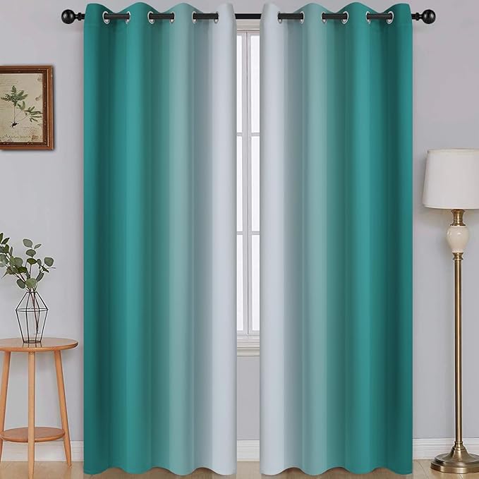 SimpleHome Ombre Room Darkening Curtains 82 inches Length for Bedroom,Grommet Gradient Light Blocking Teal Window Curtains for Living Room,2 Panels, 52x82 inches