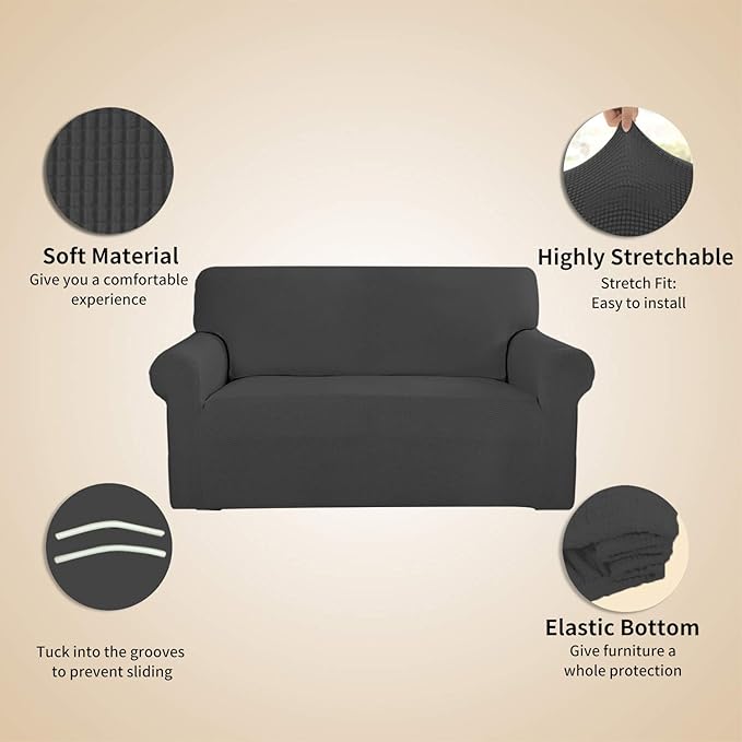 Easy-Going Stretch 4 Seater Sofa Slipcover 1-Piece Sofa Cover Furniture Protector Couch Soft with Elastic Bottom for Kids, Polyester Spandex Jacquard Fabric Small Checks Dark Gray