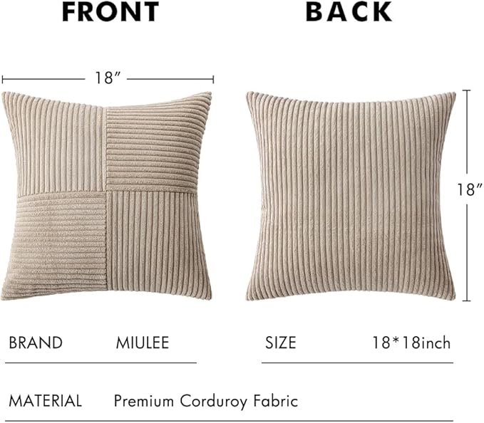 MIULEE Light Brown Decorative Throw Pillow Covers 18x18 Inch for Couch Bed Sofa Pack of 2 Boho Neutral Farmhouse Throw Pillows Soft Cross Corduroy Patchwork Textured Cushion Cases