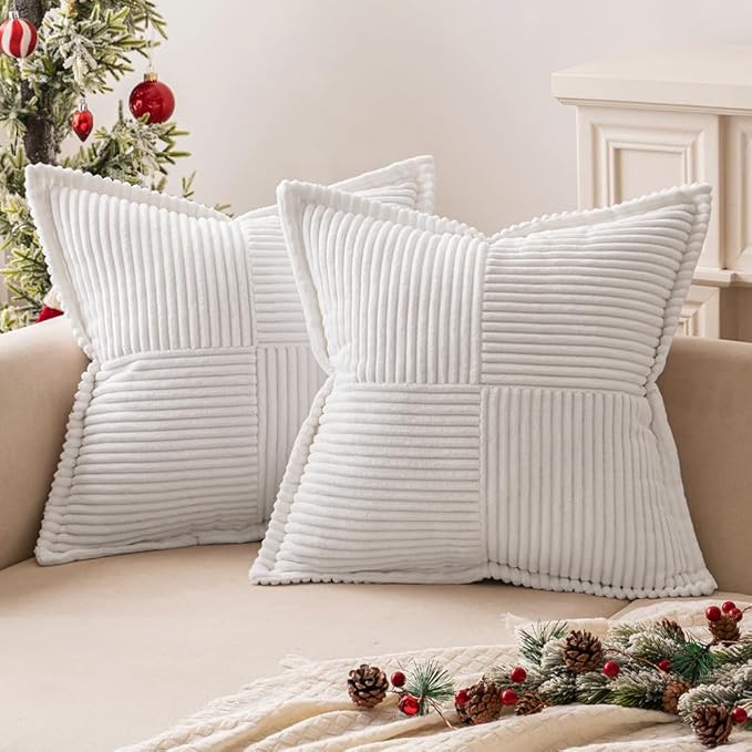 MIULEE Decorative Throw Pillow Covers for Couch Bed Livingroom 20x20 Inch Set of 2 White Boho Accent Throw Pllows Broadside Striped Patchwork Soft Corduroy Pillowcases