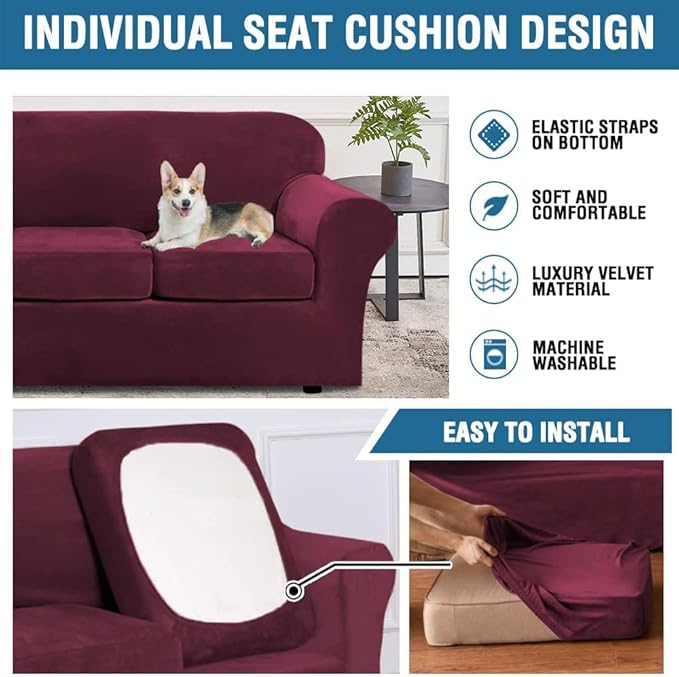 H.VERSAILTEX Modern Velvet Plush 4 Piece High Stretch Sofa Slipcover Sofa Cover Furniture Protector Form Fit Luxury Thick Velvet Sofa Cover for 3 Cushion Couch Width Up to 90 Inch(Sofa,Burgundy)