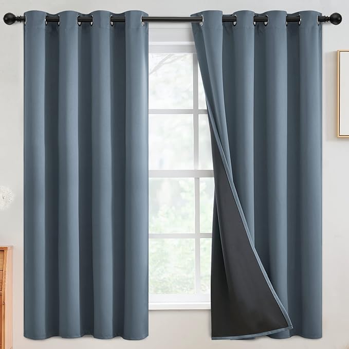 SimpleHome 100% Blackout Curtains for Bedroom,Thermal Insulated Grommet Window Drapes Room Darkening Stone Blue Curtains for Living Room with Black Back,52 x 63 Inch,2 Panels