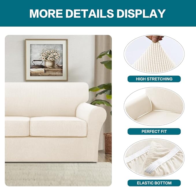 Turquoize 3 Piece Sofa Covers for 2 Cushion Couch Sofa Slipcover Soft Couch Cover for Dogs-Washable Furniture Cover with 2 Individual Covers, Feature Fabric (2 Cushion Sofa, Cream)