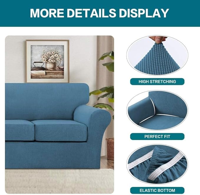 Turquoize 4 Piece Sofa Covers for 3 Cushion Couch Sofa Slipcover Soft Couch Cover for Dogs Washable Furniture Cover with 3 Individual Large Cushion Covers Feature Fabric (Large Sofa, Dusty Blue)