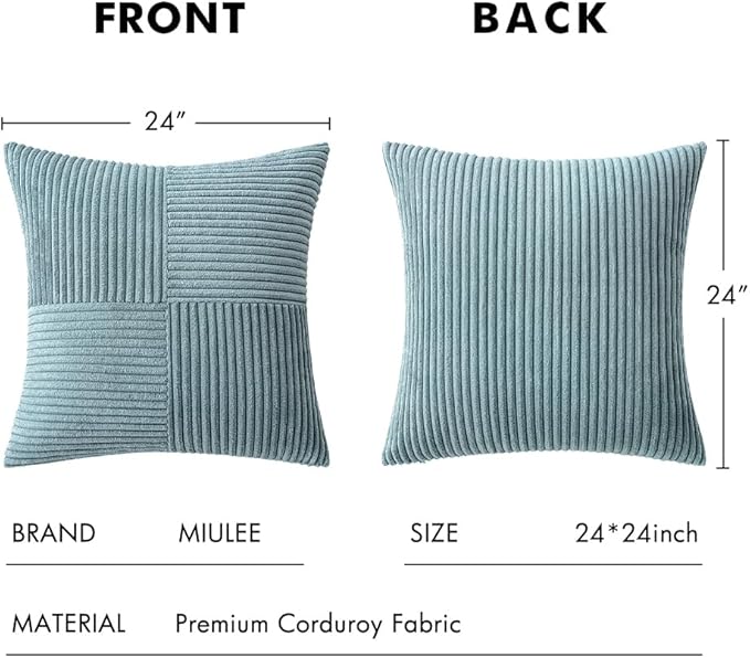 MIULEE Sky Blue Decorative Euro Sham Pillow Covers 24x24 Inch for Bed Couch Sofa Pack of 2 Boho Farmhouse Throw Pillows Soft Cross Corduroy Patchwork Textured Cushion Cases