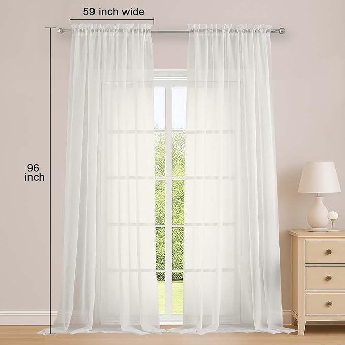 OWENIE Ivory Sheer Curtains, Sheer Curtains 96 inches Long 2 Panels Set, Rod Pocket Voile Fimly Sheer Drapes for Living Room/Bedroom, 2pcs, Each 59" W x 96" L