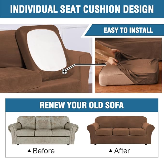 H.VERSAILTEX Modern Velvet Plush 4 Piece High Stretch Sofa Slipcover Sofa Cover Furniture Protector Form Fit Luxury Thick Velvet Sofa Cover for 3 Cushion Couch Width Up to 90 Inch (Sofa, Caramel)