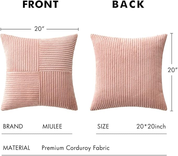 MIULEE Pink Decorative Throw Pillow Covers 20x20 Inch for Couch Bed Sofa Valentines Day Pack of 2 Boho Farmhouse Throw Pillows Soft Cross Corduroy Patchwork Textured Cushion Cases