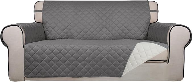 PureFit Reversible Quilted Sofa Cover, Water Resistant Slipcover Furniture Protector, Washable Couch Cover with Non Slip and Elastic Straps for Kids, Dogs, Pets (Oversized Loveseat, Gray/Ivory)