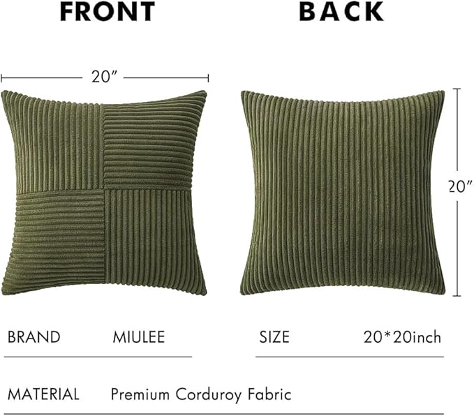 MIULEE Olive Green Decorative Throw Pillow Covers 20x20 Inch for Couch Bed Sofa Spring Decor Pack of 2 Boho Farmhouse Throw Pillows Soft Cross Corduroy Patchwork Textured Cushion Cases