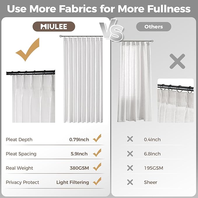 MIULEE Pinch Pleated Thick Linen Curtains 84 Inches Long 2 Panels, White Linen Texture Memory Trained Drapes for Living Room Bedroom, Pinch Pleat Light Filtering Farmhouse Window Curtains with Hooks