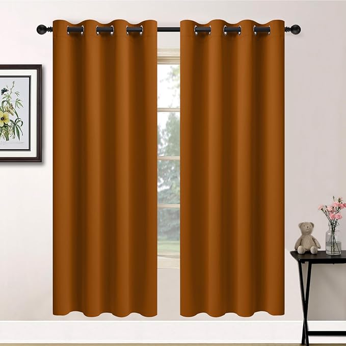 Yakamok Burnt Orange Blackout Curtains-Room Darkening Orange Thermal Insulated Grommet Set of 2 Panels for Bedroom Living Room, 52W x 72L, 2 Drapes