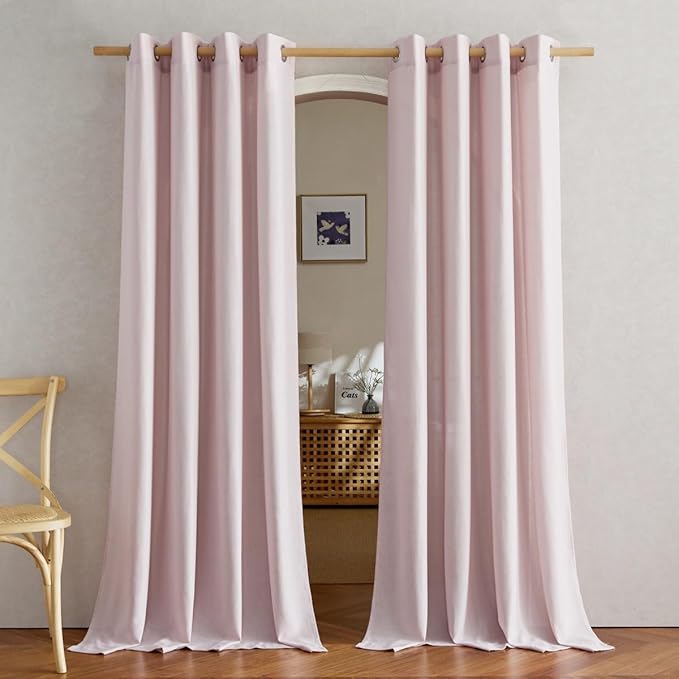 NICETOWN Blush Pink Linen Curtains for Kitchen, Thick Flax Small Window Treatments Semi Sheer Privacy Assured with Light Through for Cafe/Bathroom, W55 x L94, 2 Panels