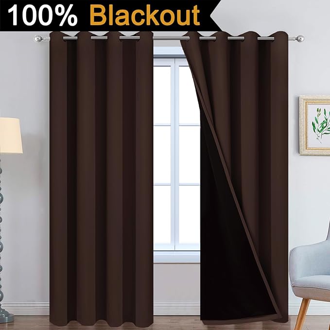 Yakamok 100% Blackout Curtains for Bedroom, 2 Thick Layers Thermal Insulated Grommet Total Blackout Drapes with Black Liner for Living Room (52Wx90L,Chocolate Brown, 2 Panels)
