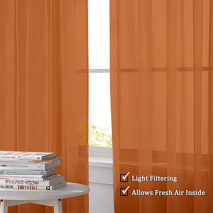 OWENIE Sheer Curtains 90 Inches Long 2 Panels Set for Bedroom, Light Filtering Sheer Curtains Rod Pocket Voile Drapes for Living Room, Airy Soft-Touching Drapes, Orange, Each 42" W x 90" L