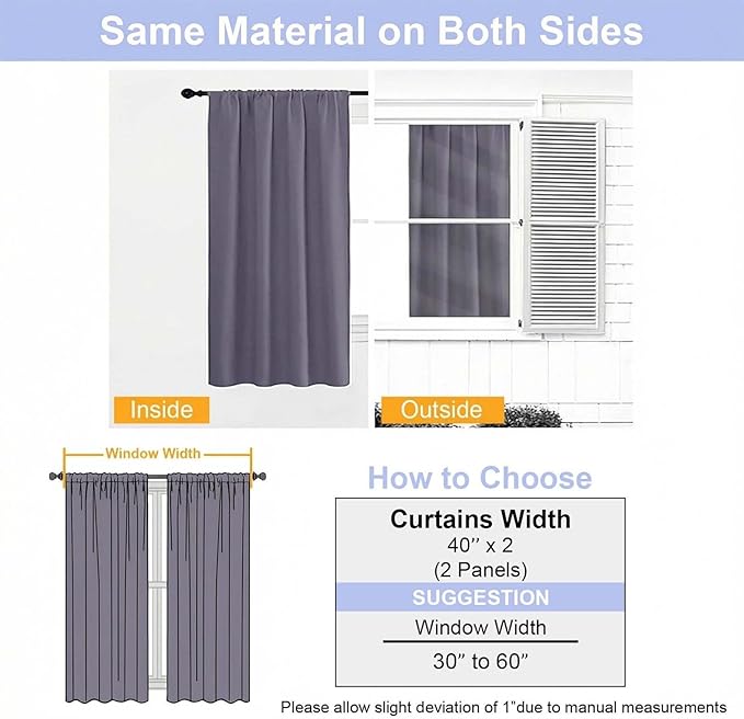 Simplebrand Ava Greyish Purple Short 36 Inches Blackout Curtain 2 Panels Set, Half Window Rod Pocket Privacy Curtain Tiers for Kitchen, Curtains Blackout for Bathroom Shades, W40 x L36 Inch