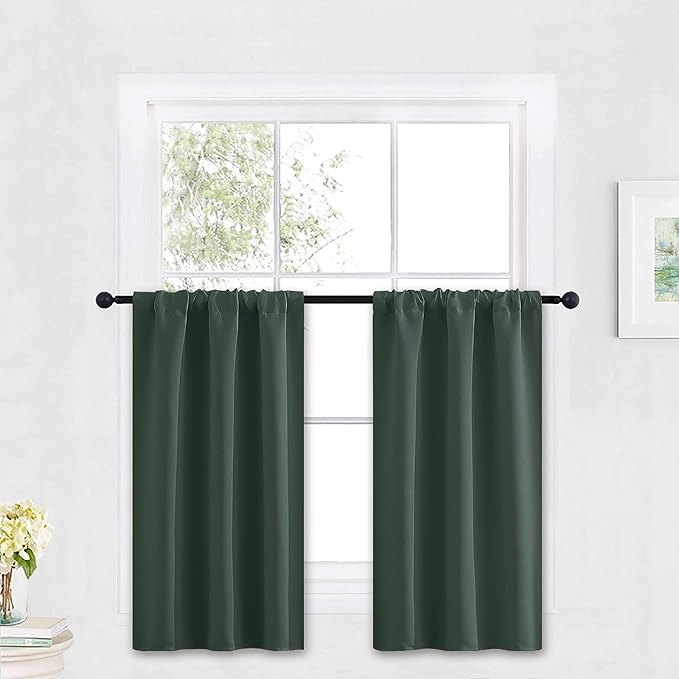 RYB HOME Kitchen Blackout Curtains Over Sink 36 inch Length, Rod Pocket Summer Light UV Blocking Energy Efficient, Cabinet Shelf Cupboard Coverings, Width 29 by Length 36, Dark Green, 2 Panels