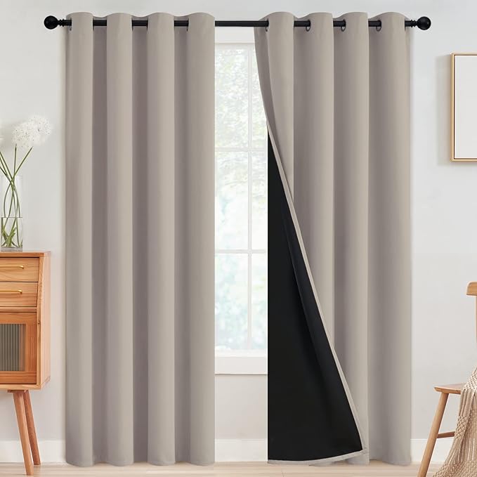 SimpleHome 100% Blackout Curtains for Bedroom,Thermal Insulated Natural Grommet Window Drapes Room Darkening Curtains for Living Room with Black Back,52 x 84 Inch,2 Panels