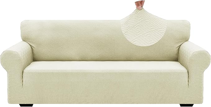 ZNSAYOTX 1 Piece Jacquard Couch Covers for 3 Cushion Couch Living Room High Stretch Sofa Cover Pets Dogs Friendly Anti Slip Thickened Slipcovers Furniture Protector (Large,New Pattern Light Beige)