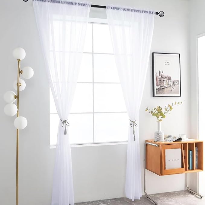 SpaceDresser Optical White Sheer Curtains 4 Panels Rod Pocket Semi-Sheer Curtain 96 Inches Long Light Filtering Voile Window Drapes for Bedroom Living Room Kitchen, Each 52W x 96L