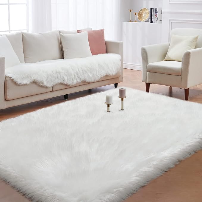 Faux Fur Area Rug, White Fluffy Rugs for Bedroom Living Room, 4'x6' Soft Shaggy Fuzzy Rug for Nursery, Indoor Plush Floor Carpets for Kids Girls Boys Teen Dorm, Cute Home Decor, Rectangle