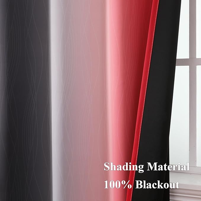 Estelar Textiler Ombre Red and Black Curtains 45 Inch Length 2 Panels, 100% Blackout Curtains for Living Room, Grommet Thermal Insulated Drapes, Full Light Blocking Curtains for Bedroom, 52x45 Inch