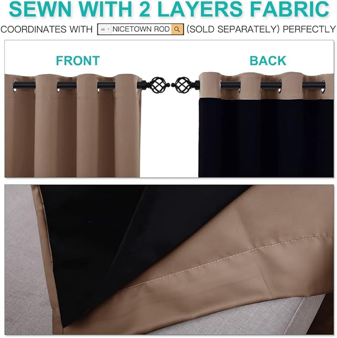 NICETOWN Bedroom Full Blackout Curtain Panels, Super Thick Insulated Window Covers, Keeping Out Cold Air and Heat 100% Blackout Blinds with Black Liner (Cappuccino, Set of 2, 52 by 54-inch)