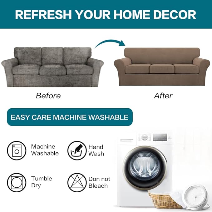 Turquoize 4 Piece Sofa Covers for 3 Cushion Couch Sofa Slipcover Soft Couch Cover for Dogs-Washable Sofa Furniture Cover with 3 Individual Cushion Covers (3 Cushion Sofa, Macchiato)