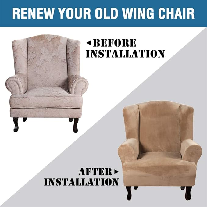 H.VERSAILTEX Wingback Chair Covers Velvet Plush Wing Chair Slipcover 1 Piece High Stretch Wing Back Chair Slipcovers Sofa Cover Furniture Cover with Elastic Bottom, Camel
