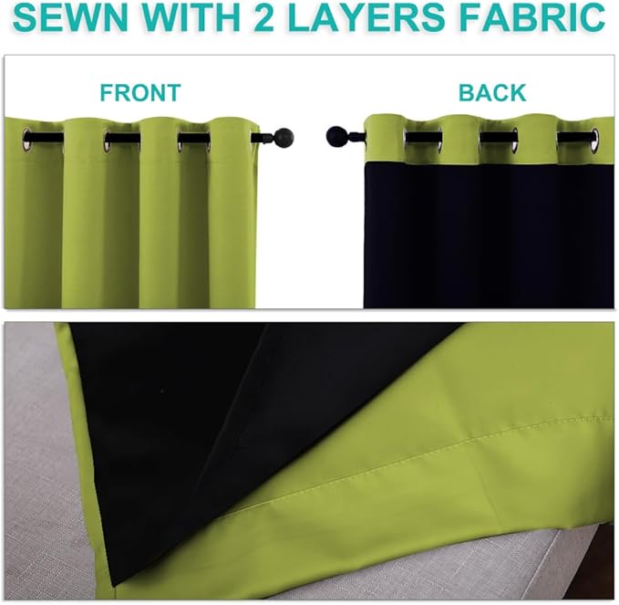 NICETOWN 100% Blackout Curtains for Windows, Pack of 2, Fresh Green, 52" W x 120" L, Super Heavy-Duty Black Lined Total Darkness Drapes for Bedroom, Privacy Assured Window Treatment for Patio