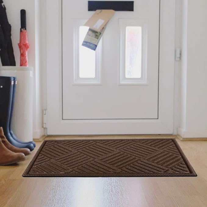 Mibao Front Door Mat, Dirt Trapper Welcome Mat for Outdoor Indoor, Non-Slip Waterproof Doormat, Durable Machine Washable Low Profile Entry Rug for Back Door Outside Patio Porch, 35.5" x 24", Coffee