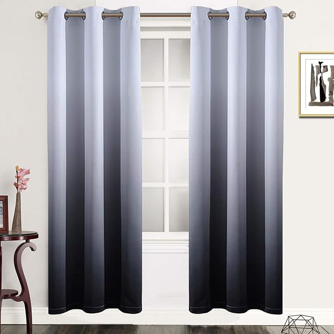 Gradient Color Ombre Blackout Curtains Thickening Polyester Eyelet Top Panels Thermal Insulated Grommet Window Drapes for Living Room/Bedroom (Black, 42W x 72L / 2 Panels)