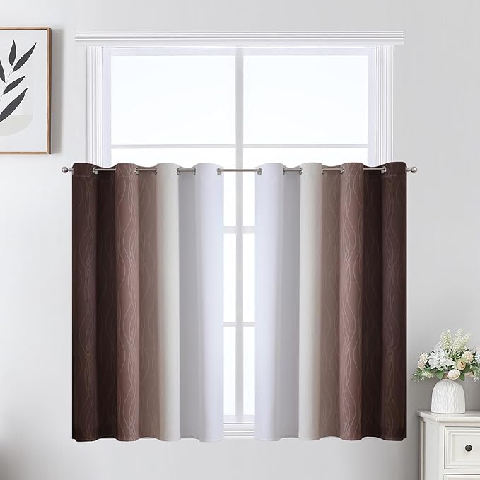 Estelar Textiler Brown and Greyish White Ombre Short Blackout Cafe Curtains 36 Inch Length, Thermal Insulated Grommet Small Half Window Drapes for Kitchen/Basement/RV Camper, 52Wx36L, 2 Panels