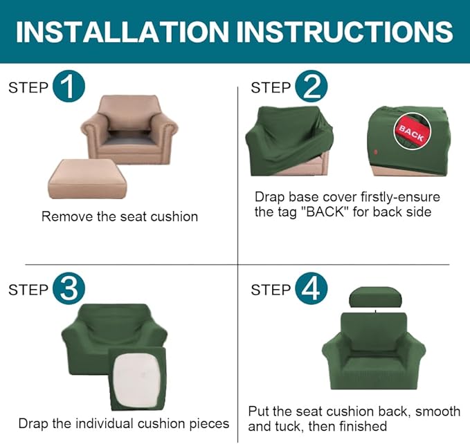 Turquoize 2 Piece Chair Covers Armchair Slipcovers for Living Room Armchair Sofa Cover with Individual Cushion Covers Feature Jacquard Fabric (Chair, Bronze Green)