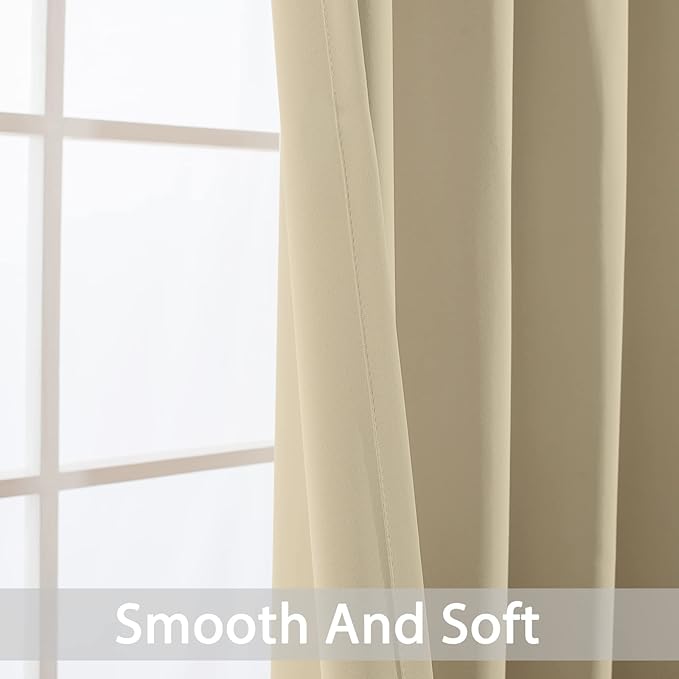 Yakamok Blackout Curtains Room Darkening Thermal Insulated Window Panels,Solid Grommet Top Drapes for Bedroom/Living Room(52Wx90L, Beige, 2 Panels)